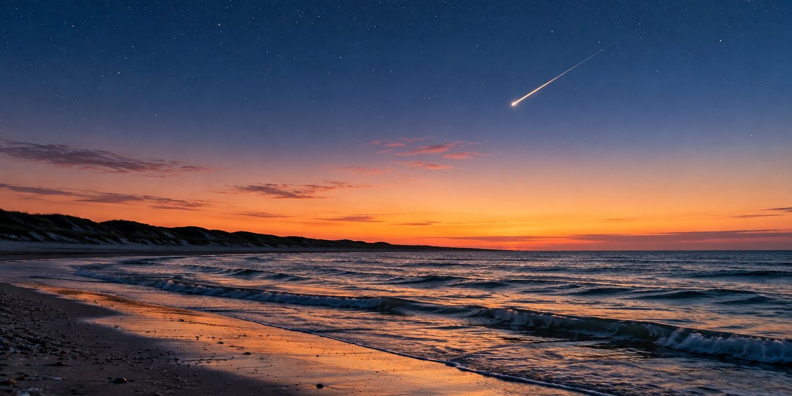 Et stjerneskud over havet ved solnedgang